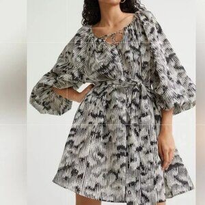 Boho balloon sleeve mini dress with graphic digital stripe print & tie belt